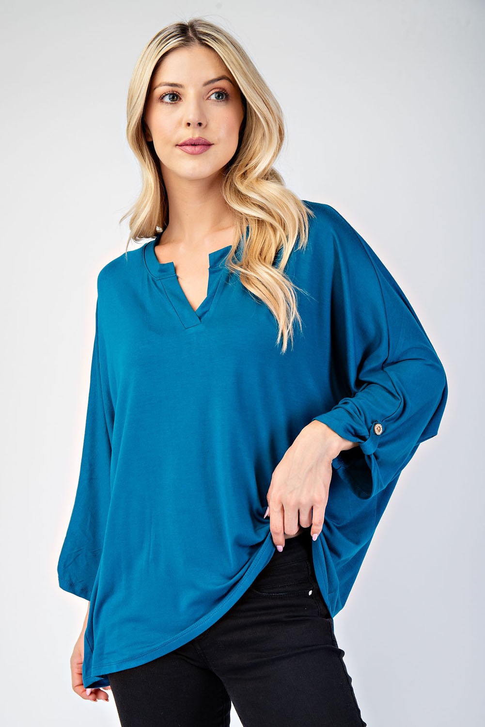Celeste Full Size Notched Three-Quarter Sleeve Blouse Trendsi