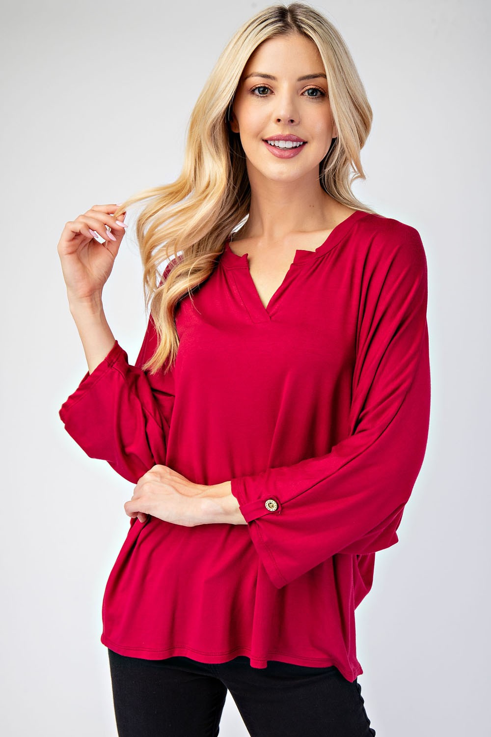 Celeste Full Size Notched Three-Quarter Sleeve Blouse Trendsi