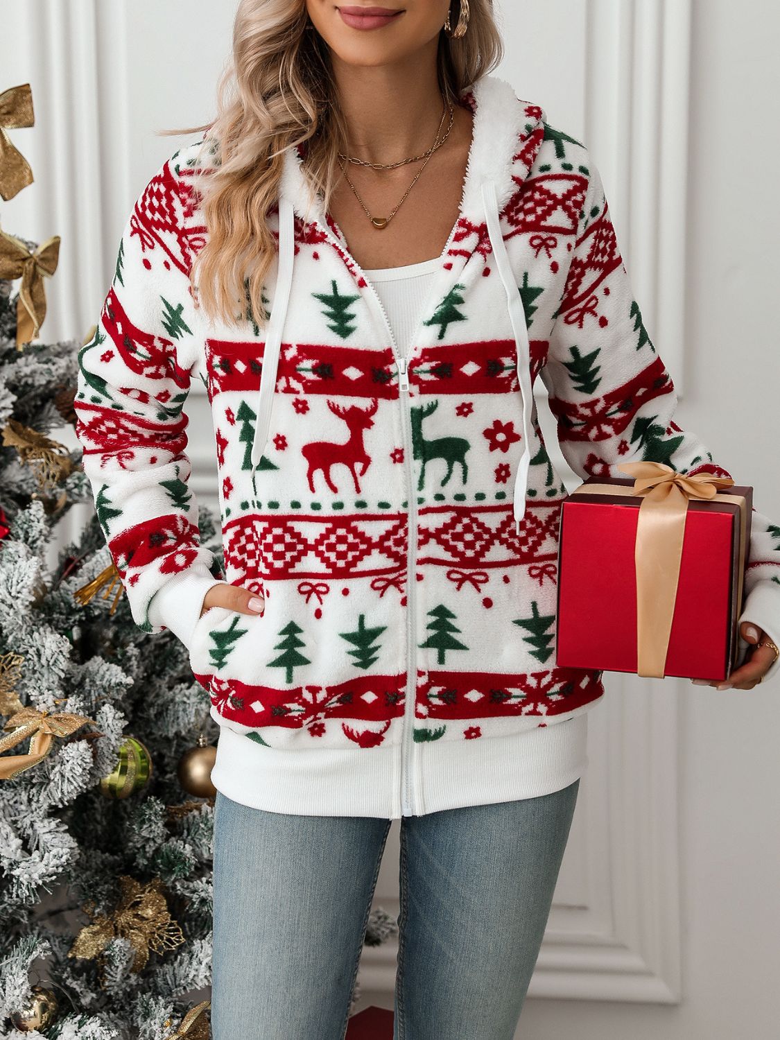 Drawstring Christmas Element Zip Up Hooded Jacket Trendsi