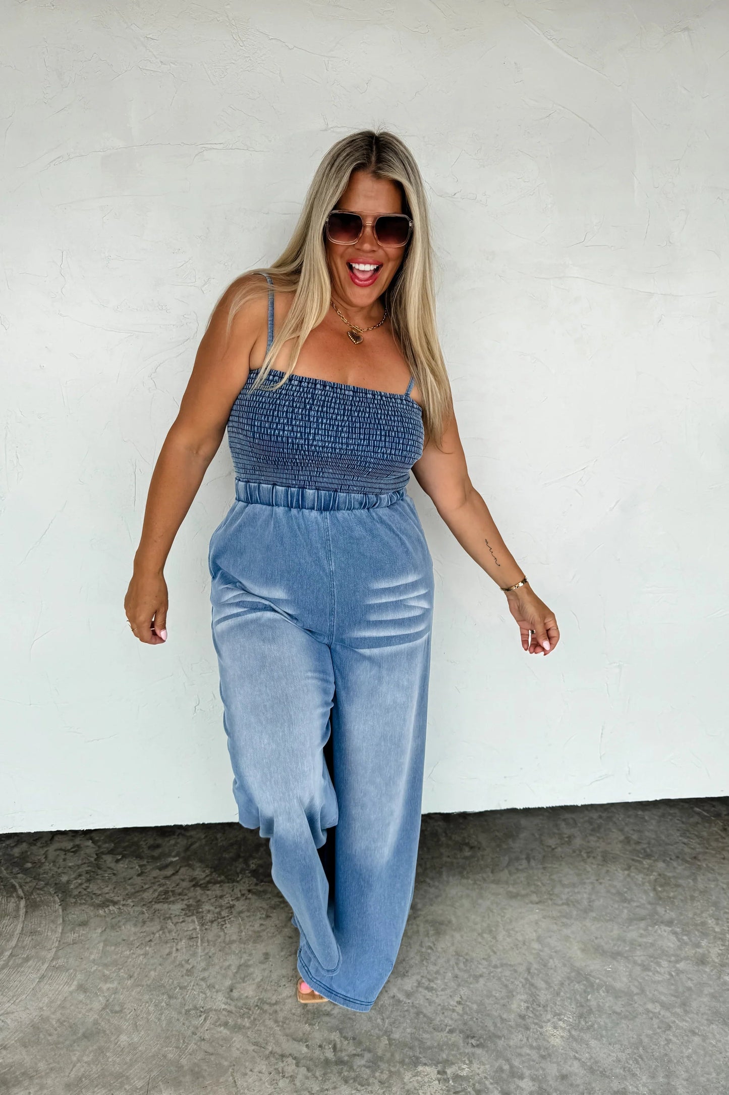 PREORDER: Denim Crush Smocked Romper Ave Shops