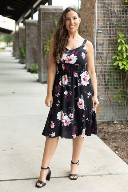 Michelle Mae Black and Rose Floral Cassidy Midi Dress