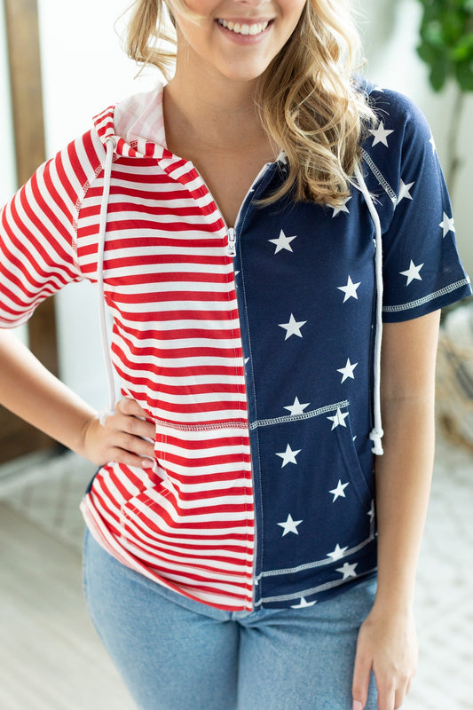 Michelle Mae Stars and Stripes Short Sleeve Zip Up Hoodie