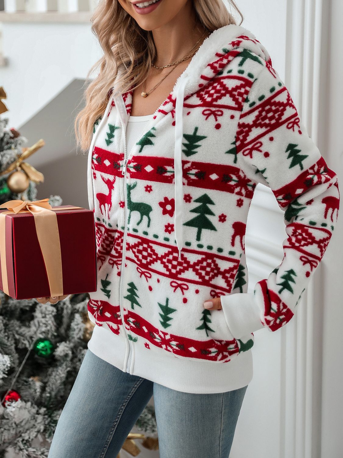 Drawstring Christmas Element Zip Up Hooded Jacket Trendsi
