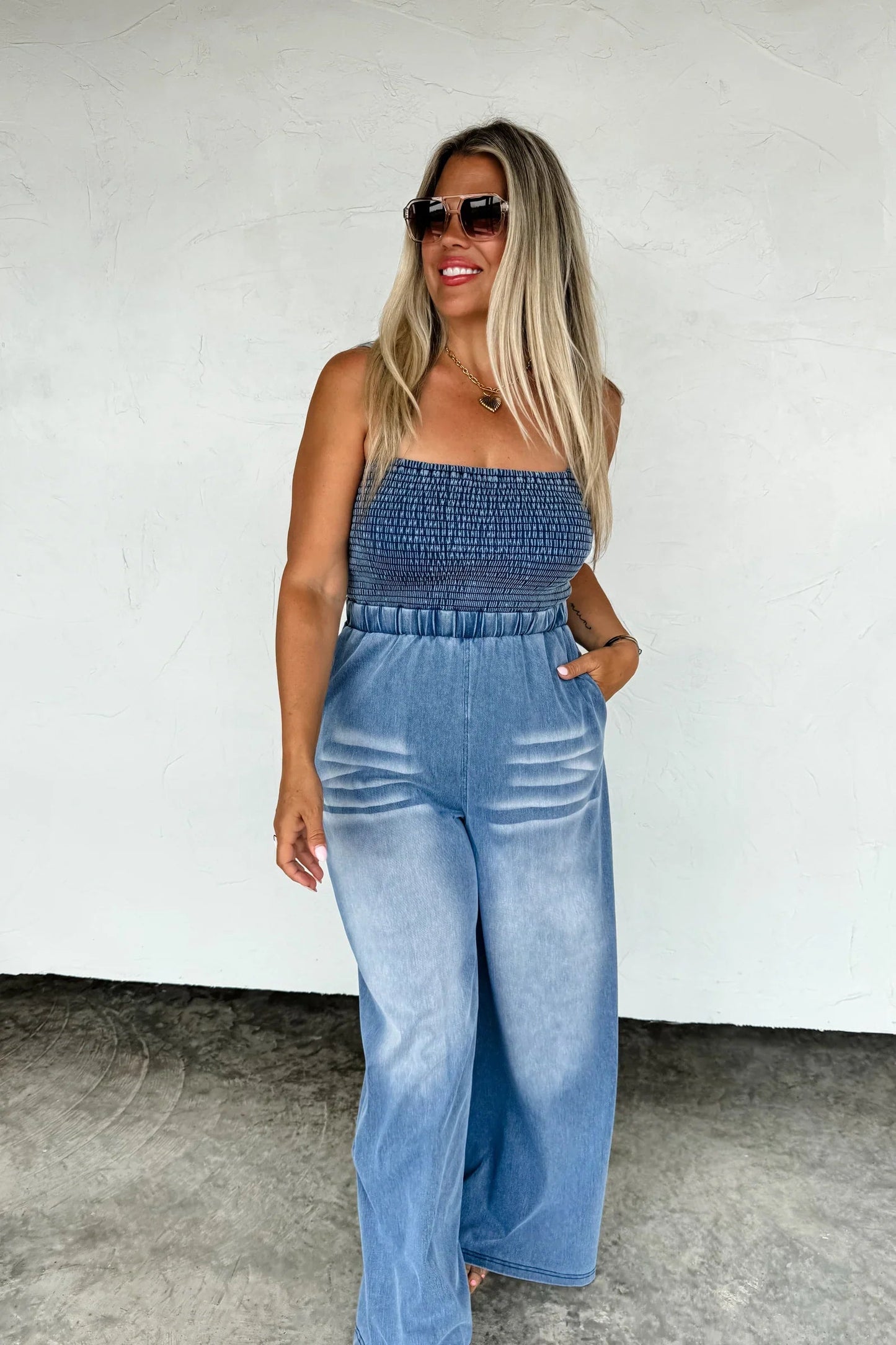 PREORDER: Denim Crush Smocked Romper Ave Shops