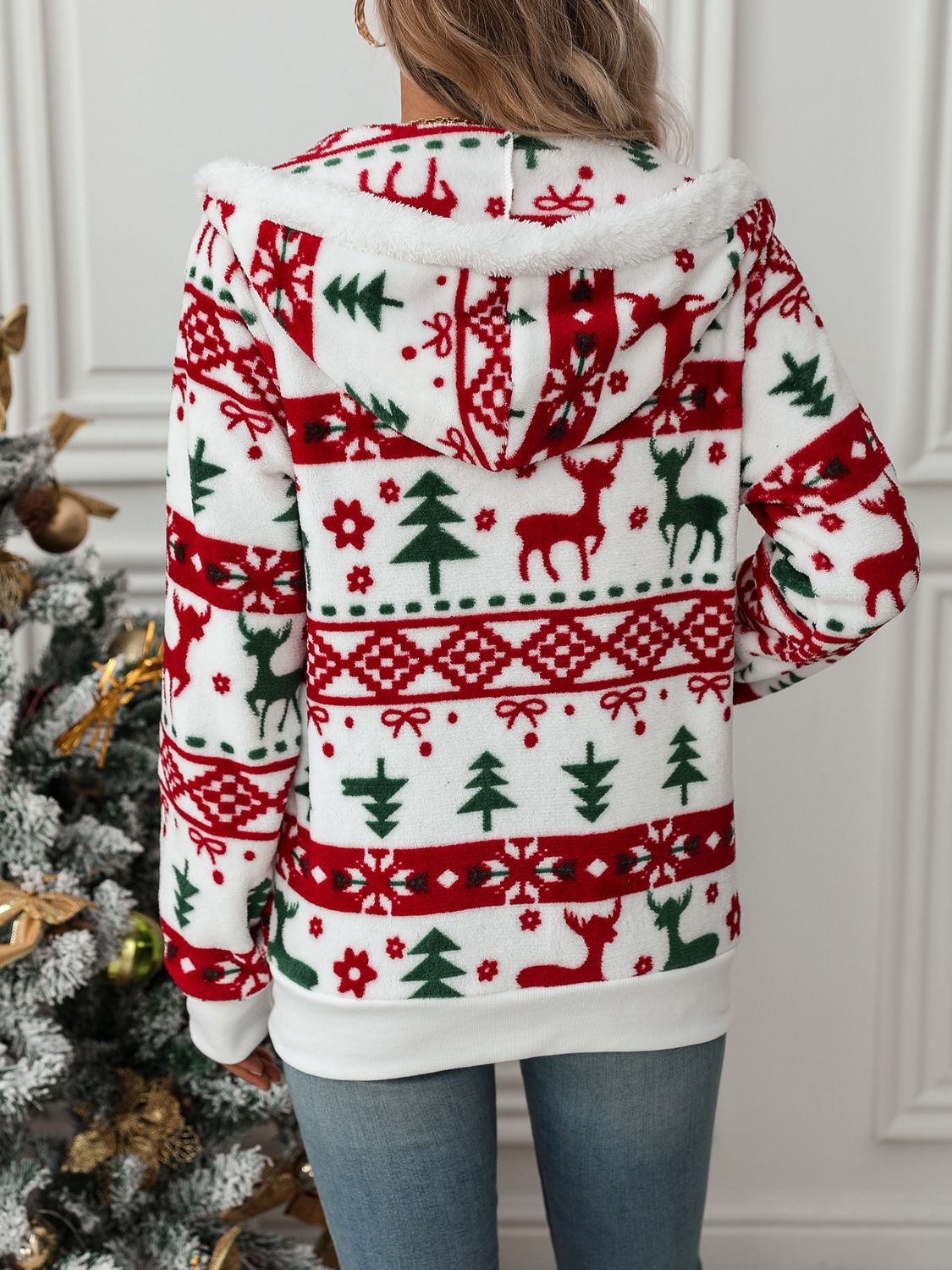 Drawstring Christmas Element Zip Up Hooded Jacket Trendsi