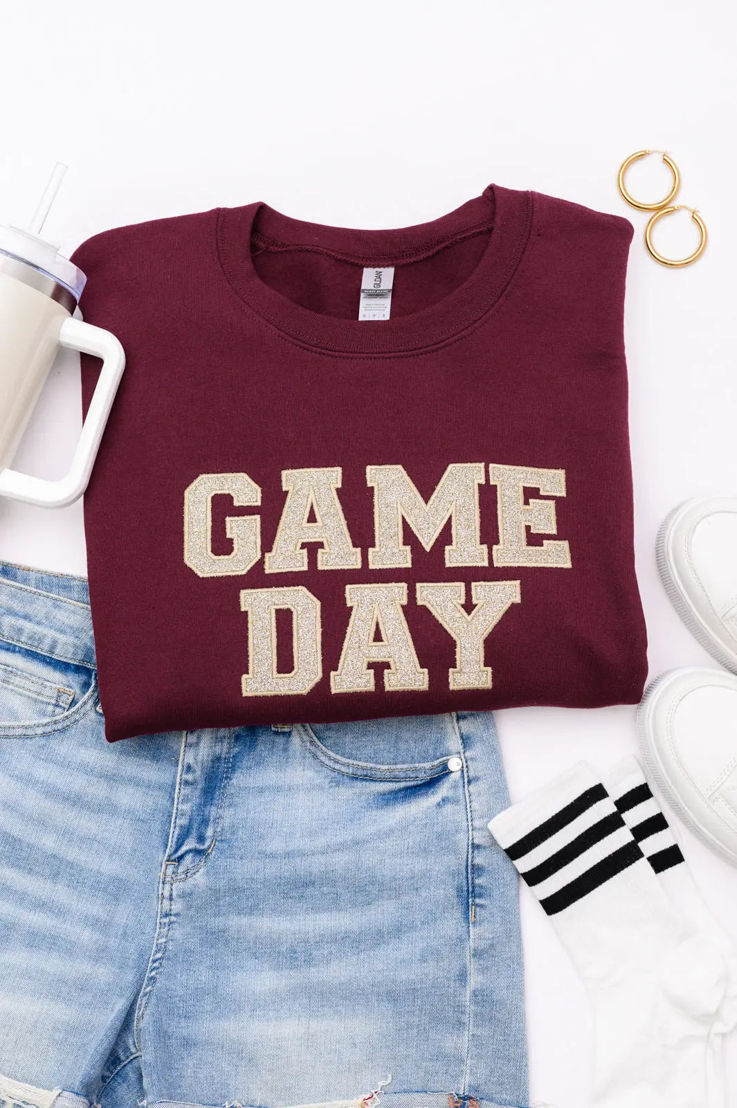 PREORDER: Embroidered Glitter Game Day Sweatshirt in Garnet/Champagne Gold Ave Shops