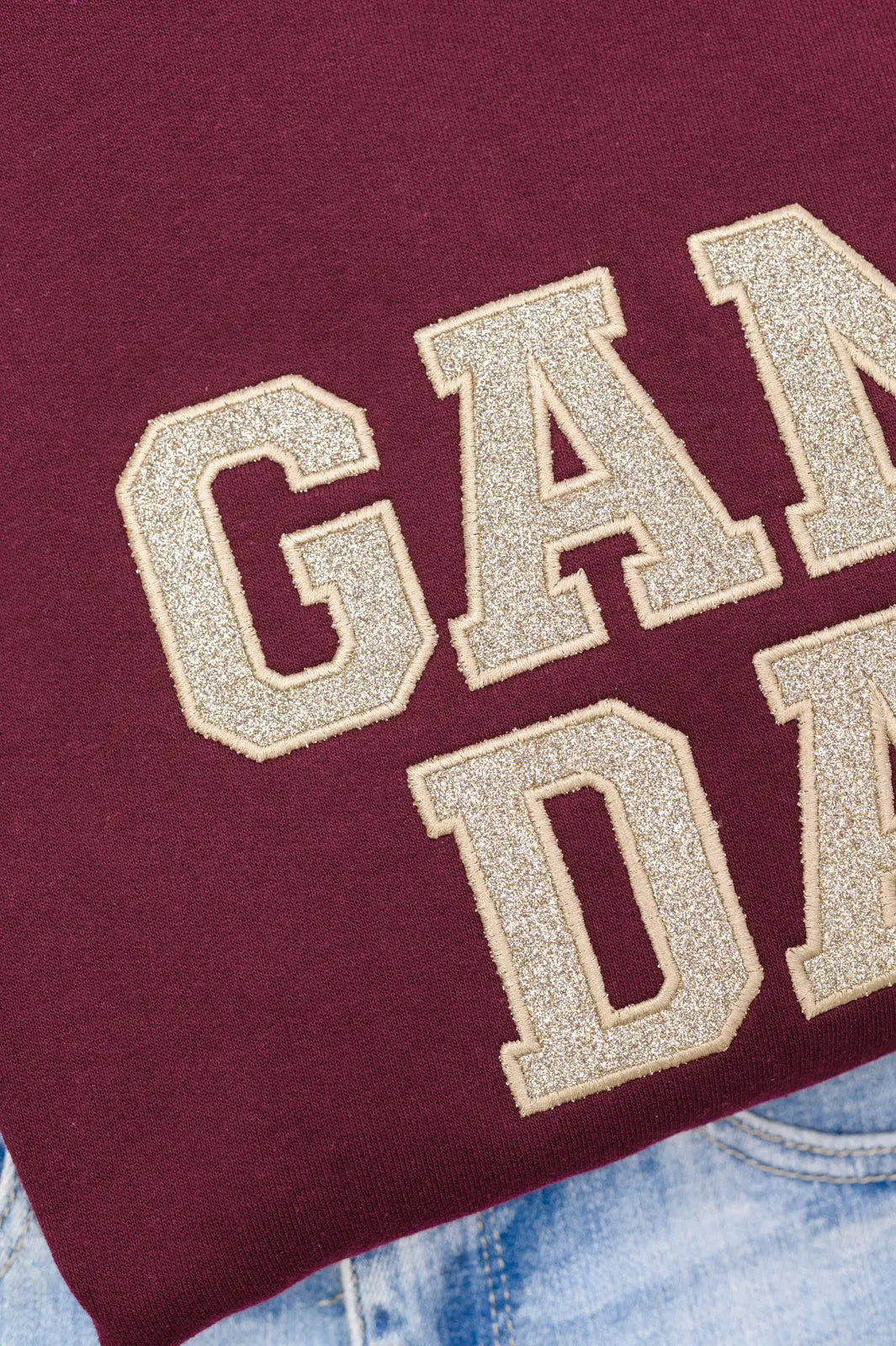 PREORDER: Embroidered Glitter Game Day Sweatshirt in Garnet/Champagne Gold Ave Shops