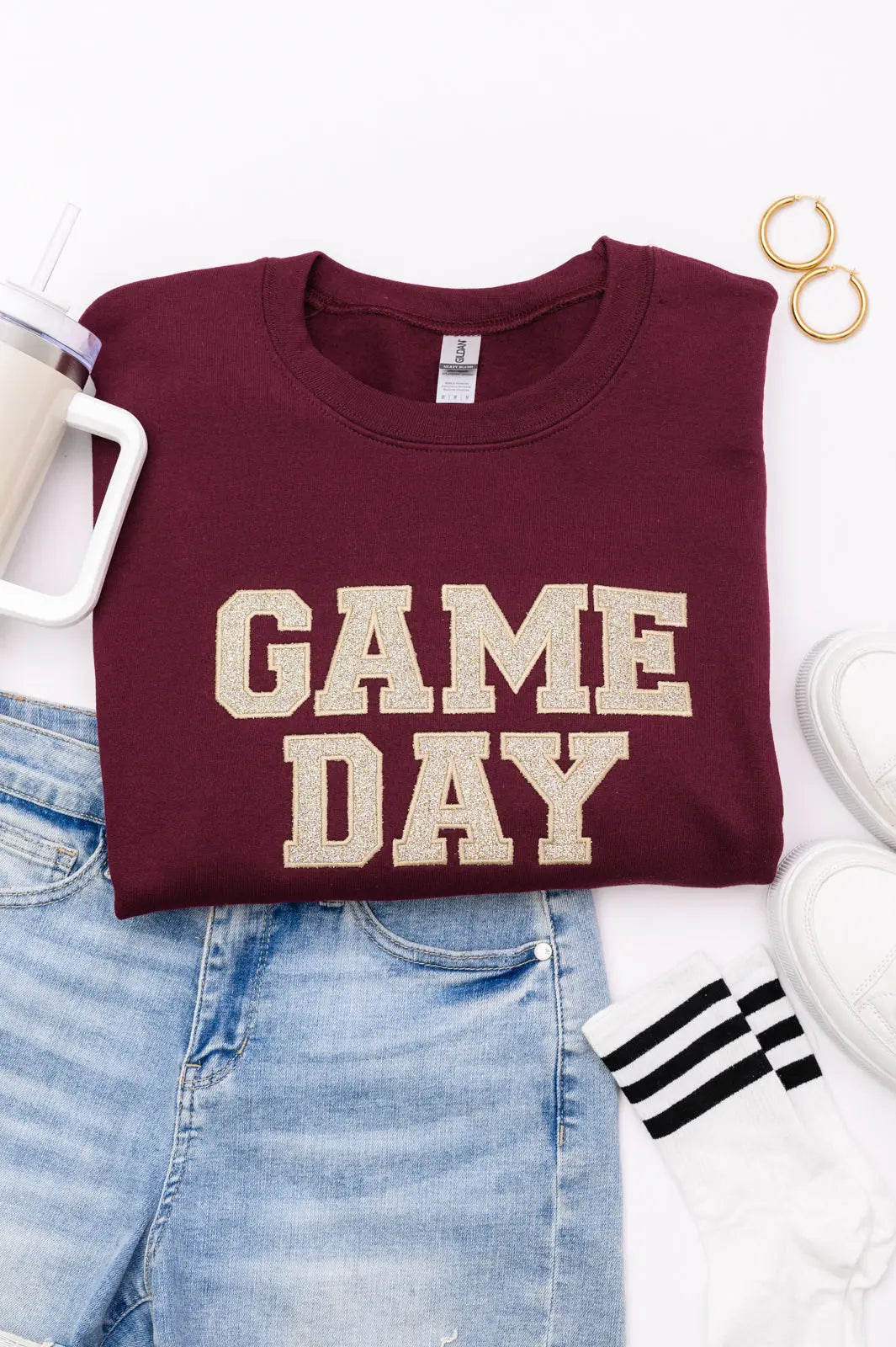 PREORDER: Embroidered Glitter Game Day Sweatshirt in Garnet/Champagne Gold Ave Shops