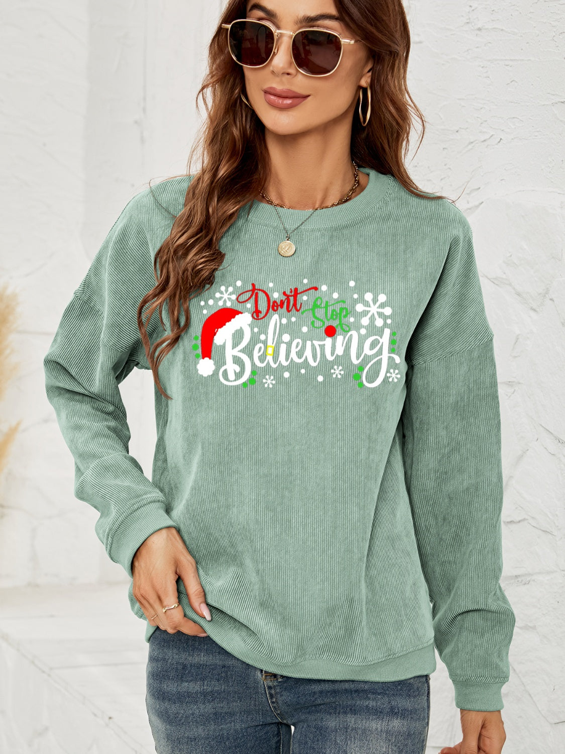 Sage Don't Stop Believing Sweatshirt The Magnolia Cottage Boutique