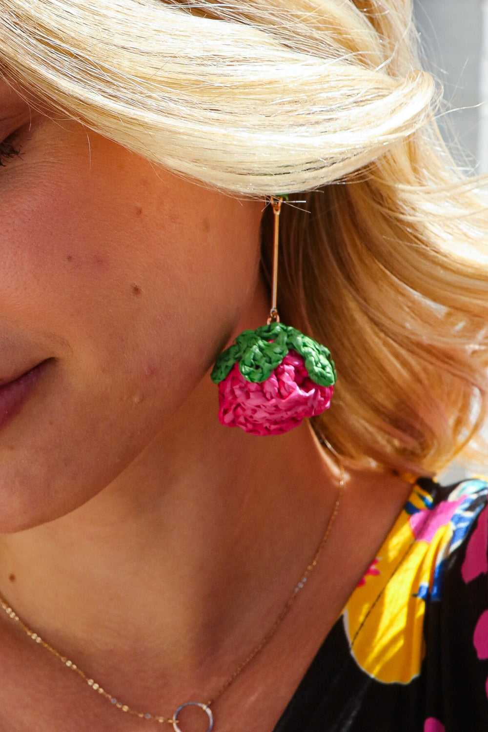Fuchsia Strawberry Woven Rattan Gold Dangle Earrings Marie Claire