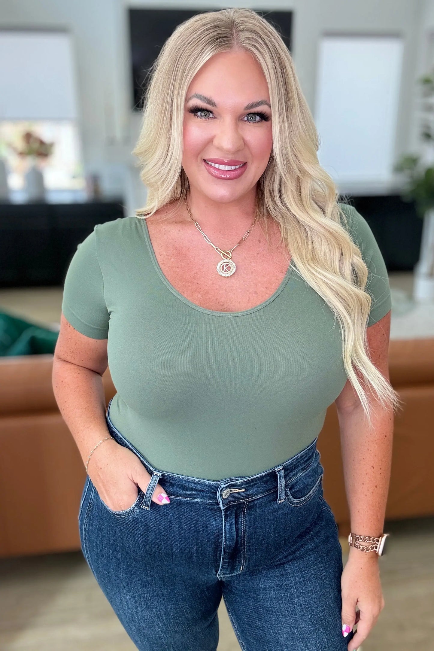 Everyday Scoop Neck Short Sleeve Bodysuit in Smokey Olive Ave Shops