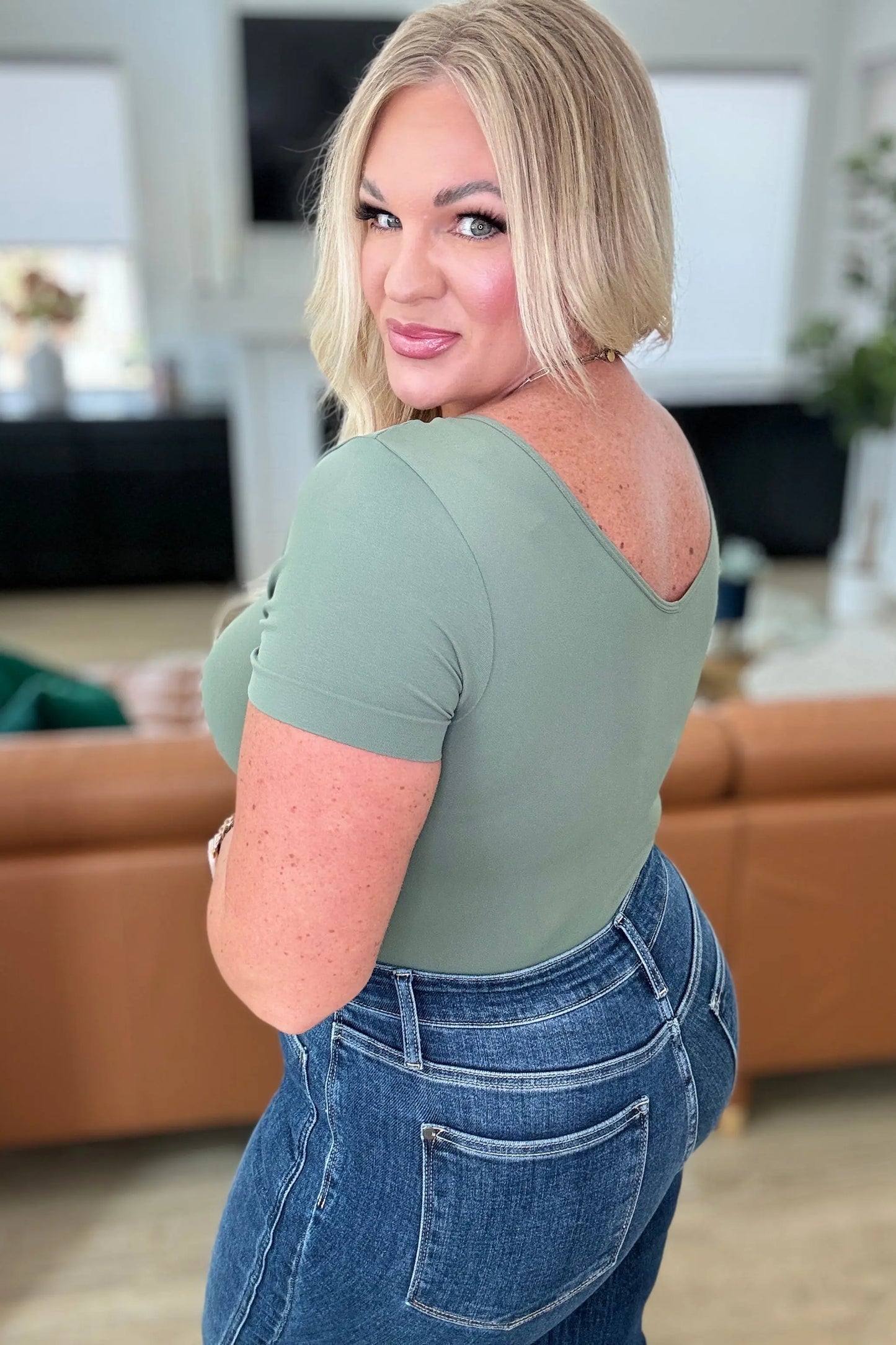Everyday Scoop Neck Short Sleeve Bodysuit in Smokey Olive Ave Shops