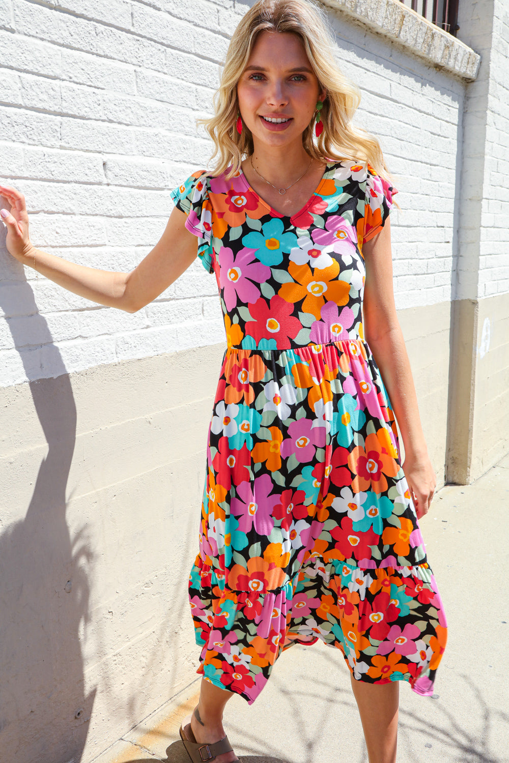 PLUS Feeling Femme Black & Multicolor Floral Print V Neck Midi Dress Haptics