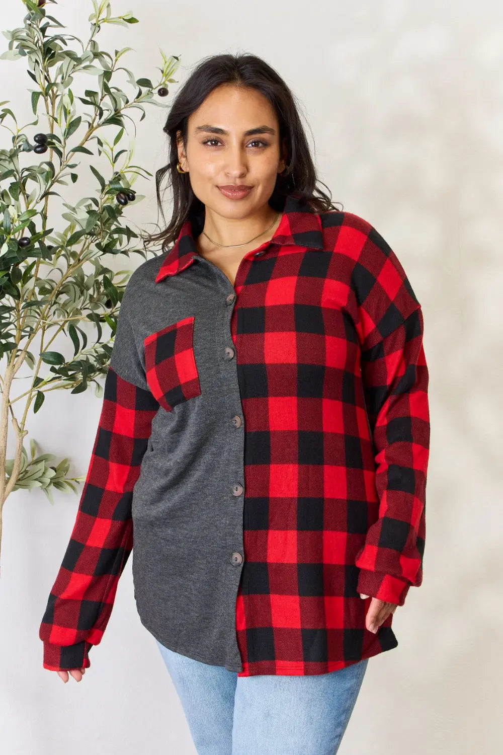 Heimish Full Size Plaid Button Down Shacket Trendsi