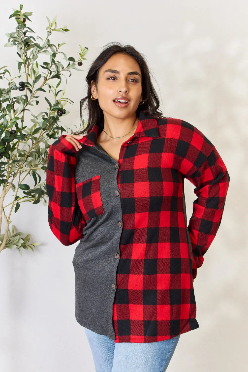 Heimish Full Size Plaid Button Down Shacket Trendsi