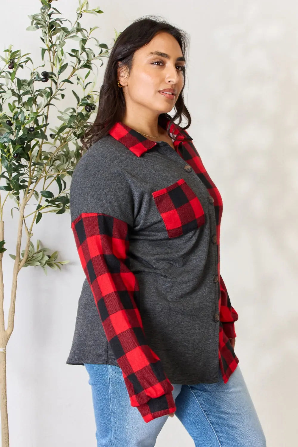 Heimish Full Size Plaid Button Down Shacket Trendsi