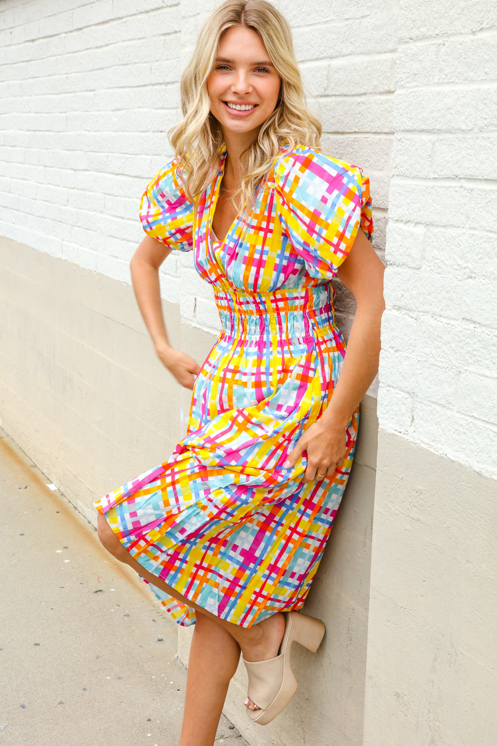 Charming in Multicolor Cotton Plaid Puff Sleeve Sweetheart Neck Dress First Love