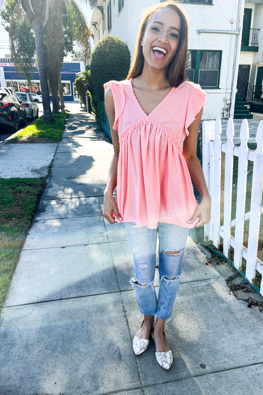 Lock Eyes Coral Swiss Dot Babydoll Flutter Sleeve Babydoll Top Reborn J