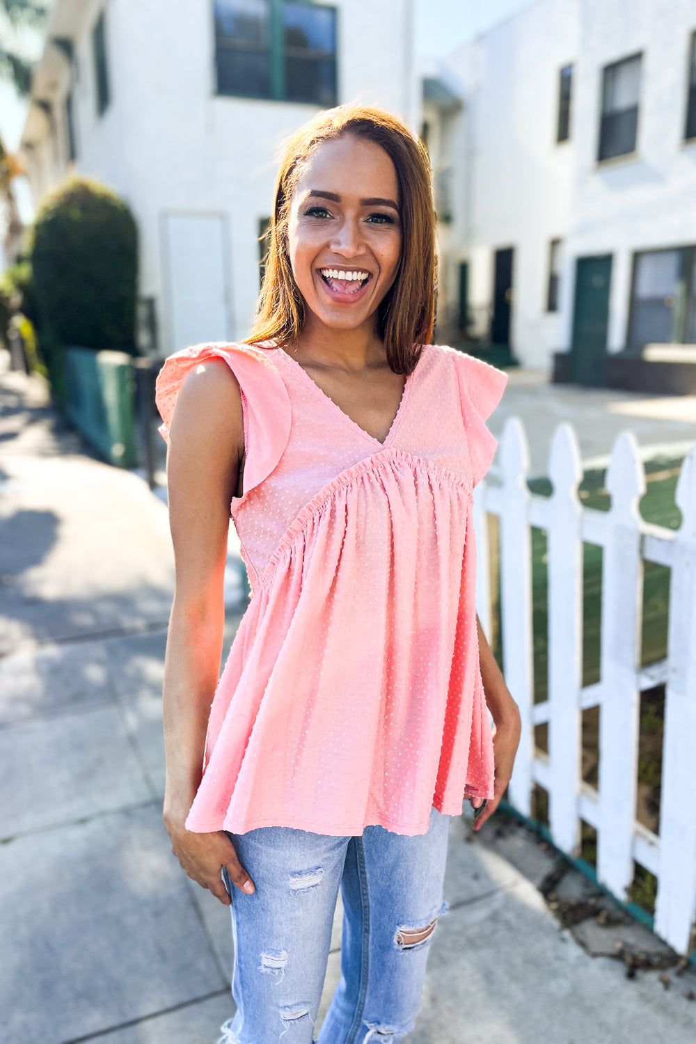 Lock Eyes Coral Swiss Dot Babydoll Flutter Sleeve Babydoll Top Reborn J