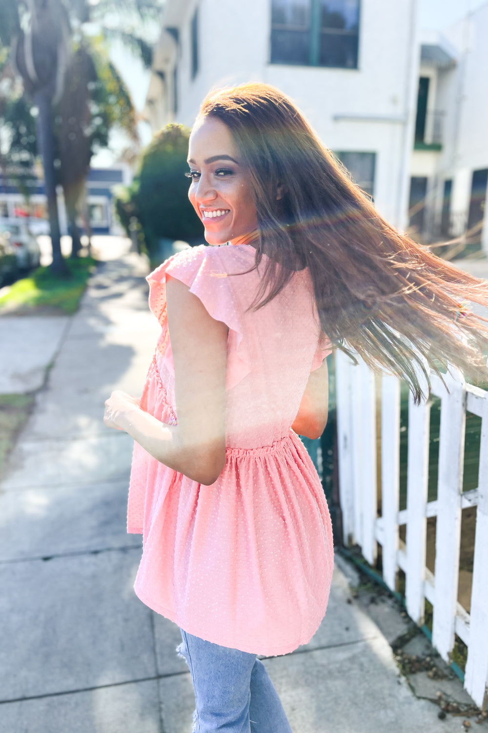 Lock Eyes Coral Swiss Dot Babydoll Flutter Sleeve Babydoll Top Reborn J