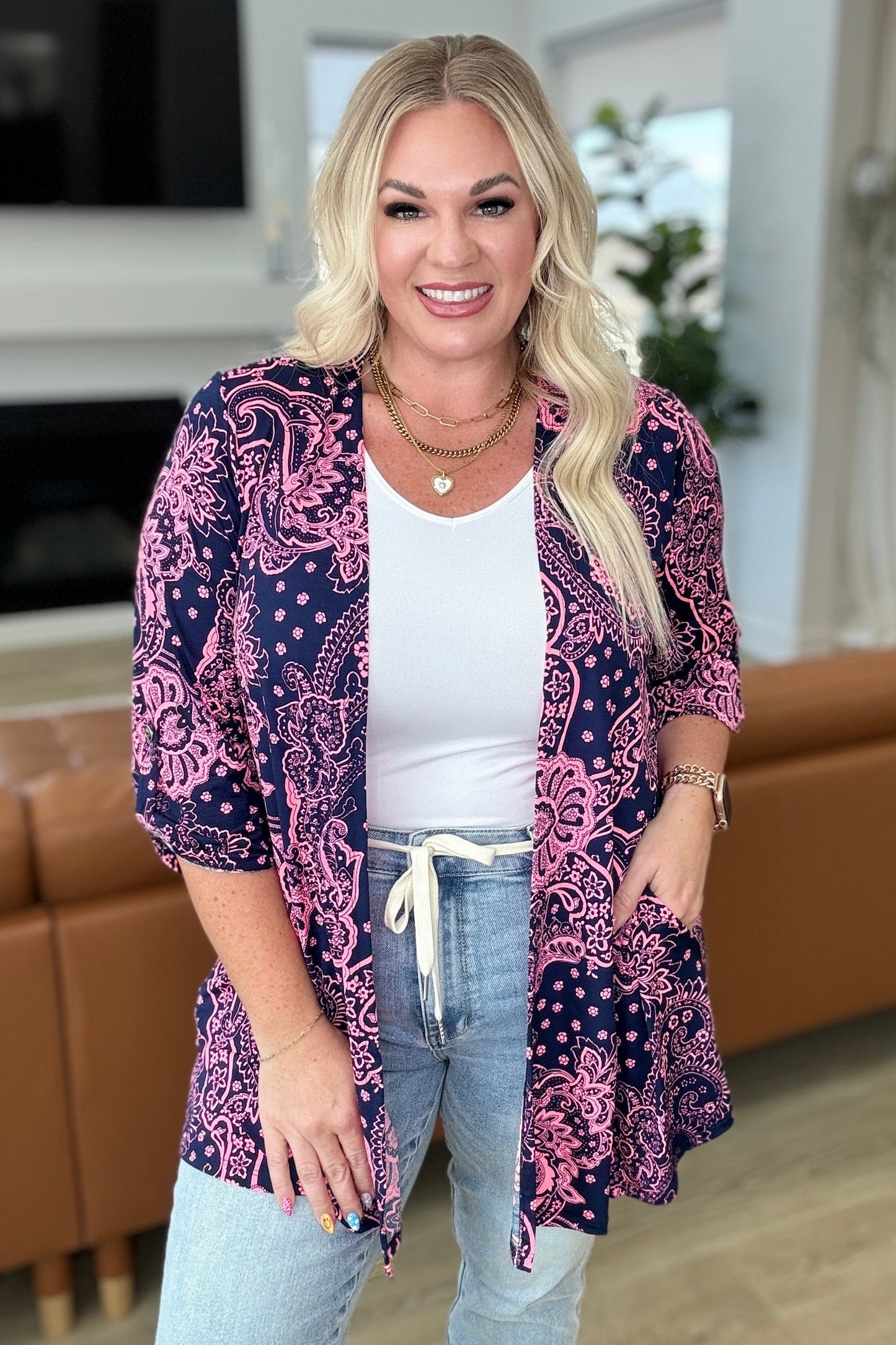 Lizzy Cardigan in Navy and Pink Paisley Ave Shops