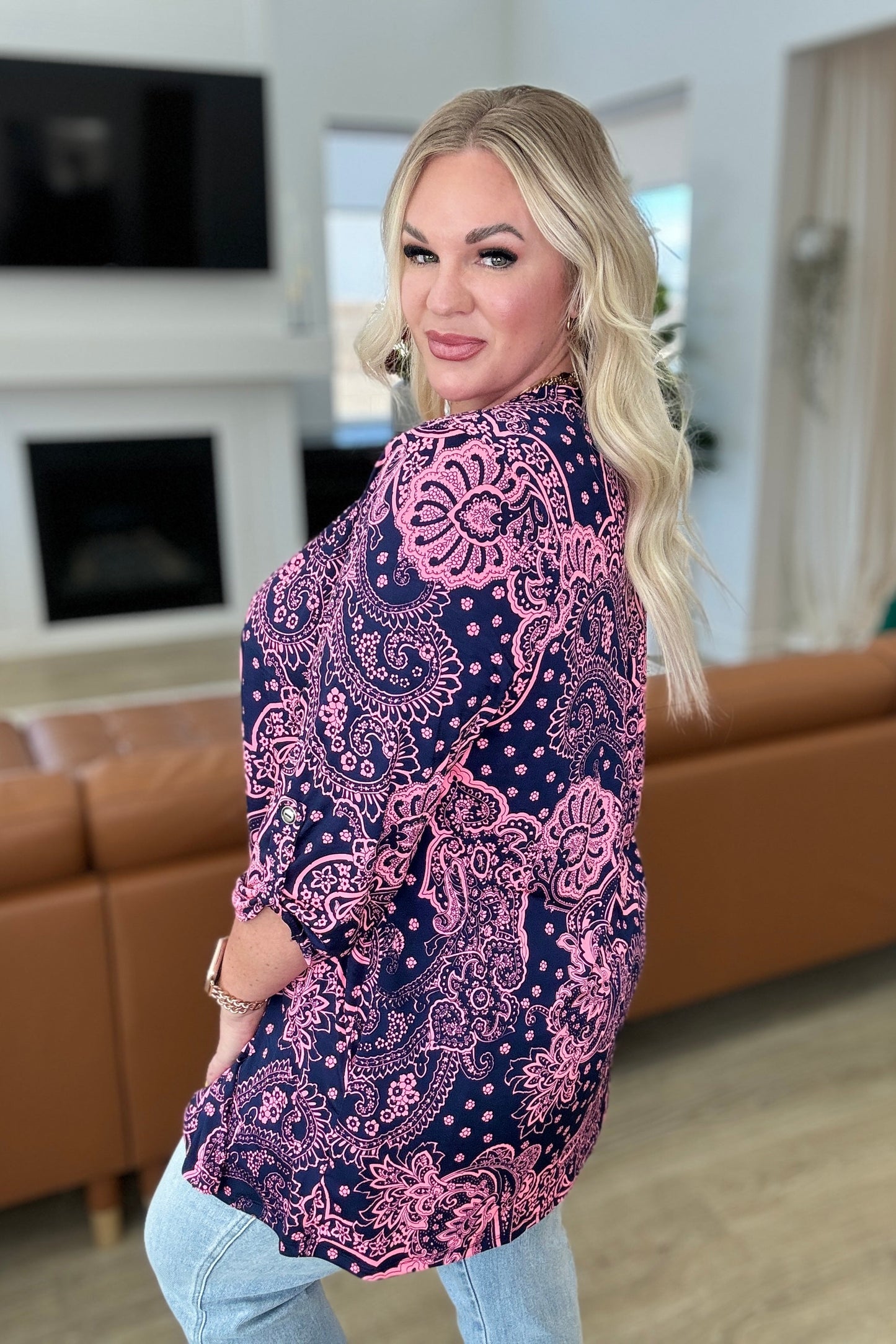 Lizzy Cardigan in Navy and Pink Paisley Ave Shops