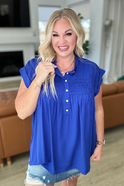 Pleat Detail Button Up Blouse in Royal Blue Ave Shops
