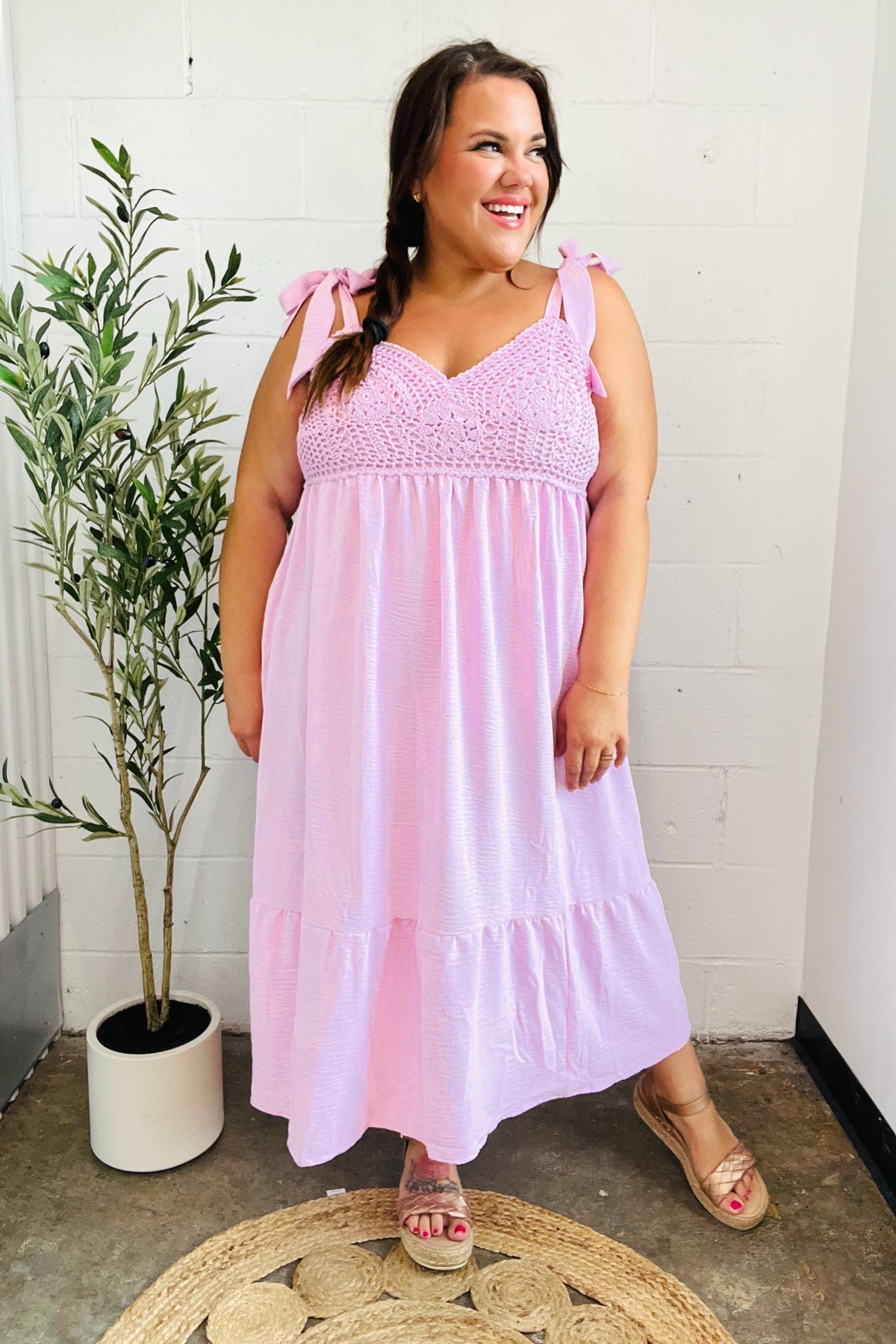 Feeling Your Best Pink Crochet Lace Babydoll Midi Dress Haptics