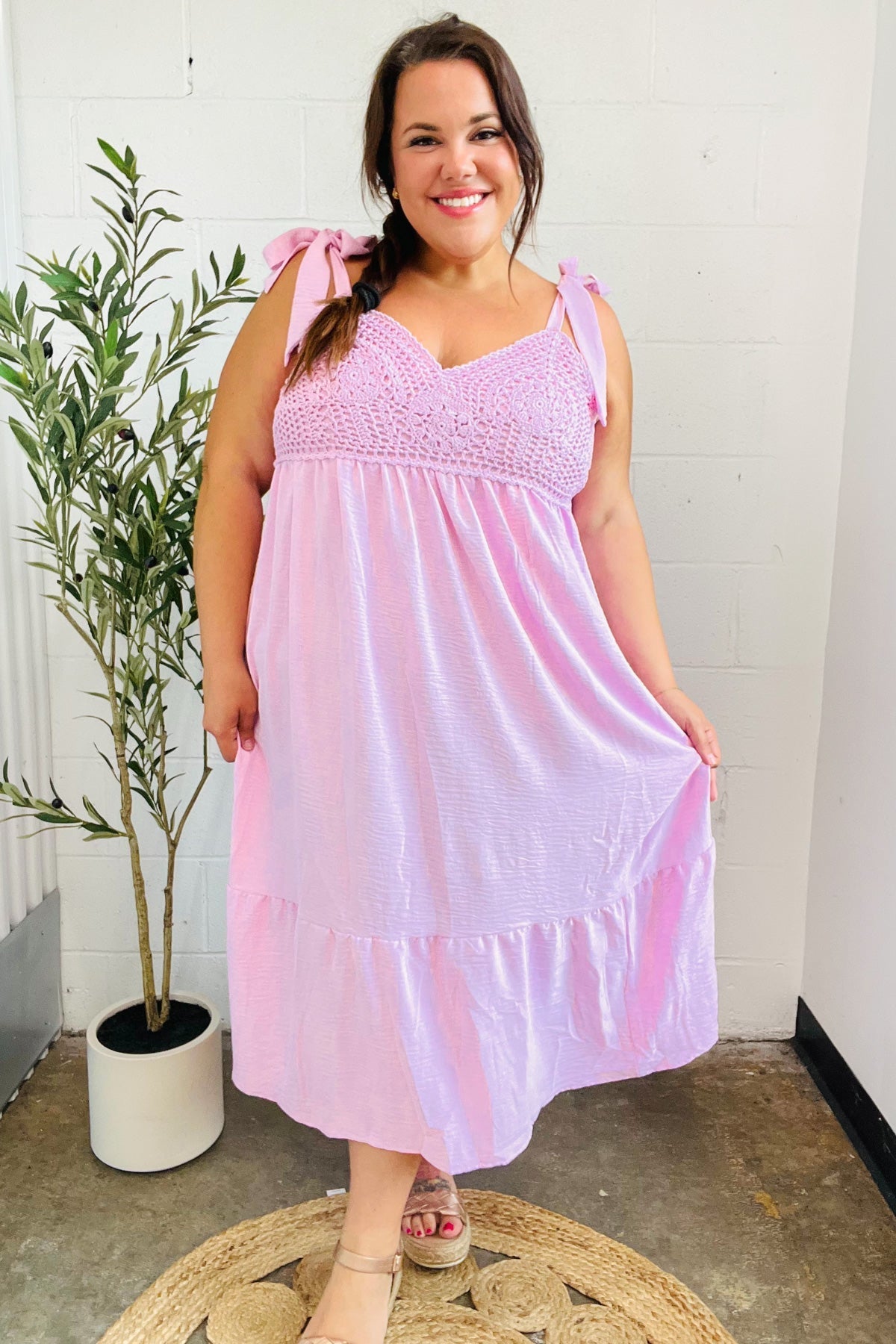 Feeling Your Best Pink Crochet Lace Babydoll Midi Dress Haptics