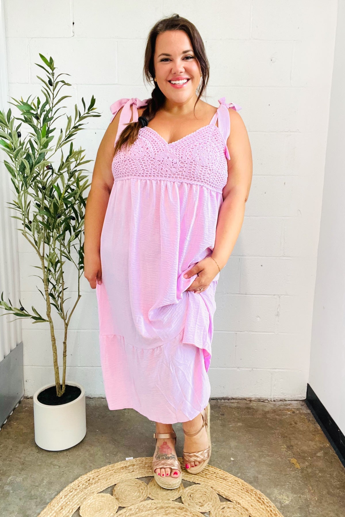 Feeling Your Best Pink Crochet Lace Babydoll Midi Dress Haptics