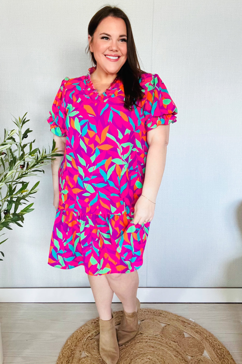 Fuchsia Tropical Leaf Woven Ruffle Hem Pocketed Dress Haptics
