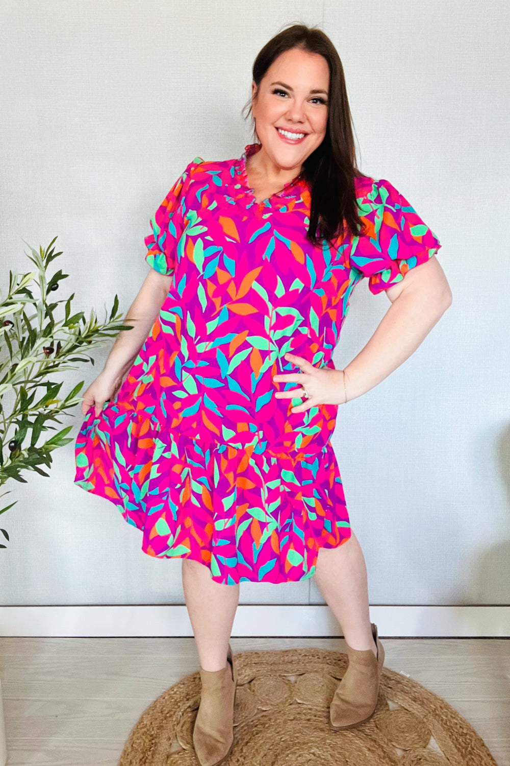 Fuchsia Tropical Leaf Woven Ruffle Hem Pocketed Dress Haptics