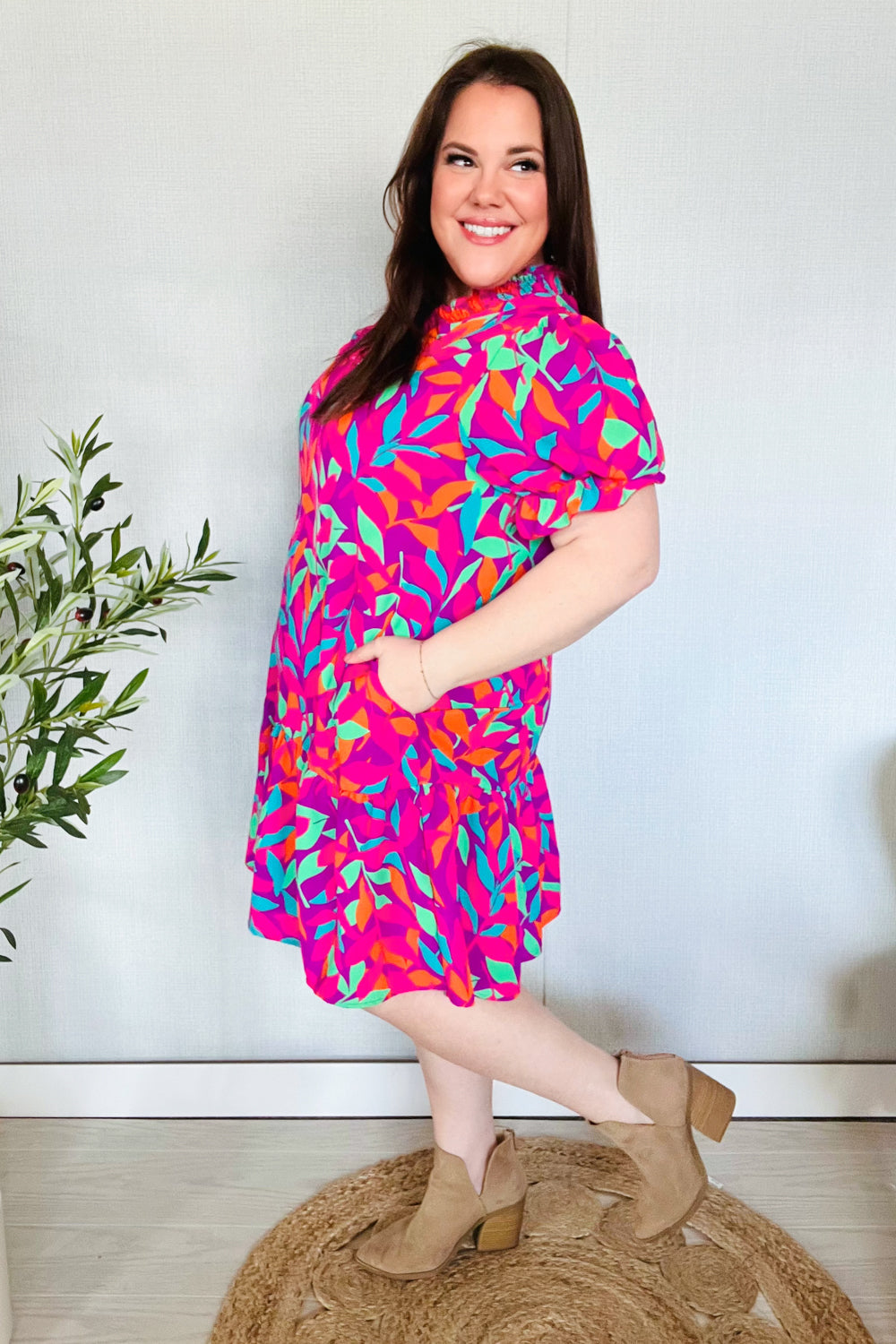 Fuchsia Tropical Leaf Woven Ruffle Hem Pocketed Dress Haptics