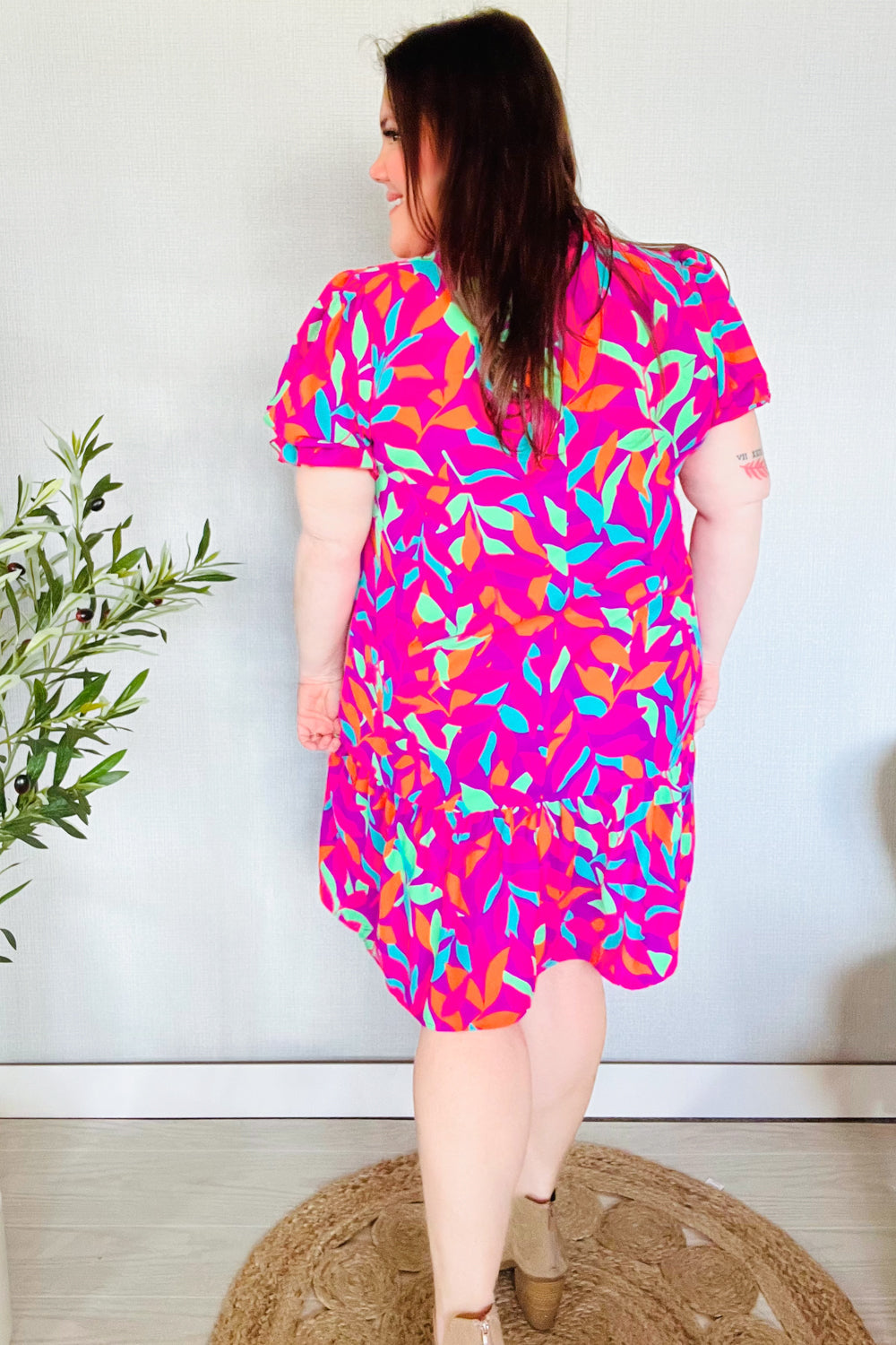 Fuchsia Tropical Leaf Woven Ruffle Hem Pocketed Dress Haptics
