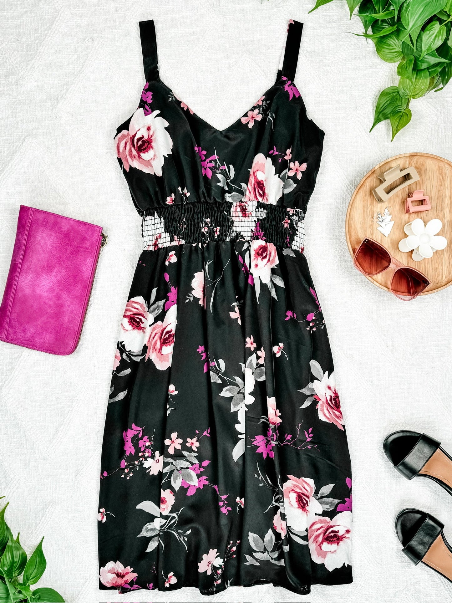 Michelle Mae Black and Rose Floral Cassidy Midi Dress