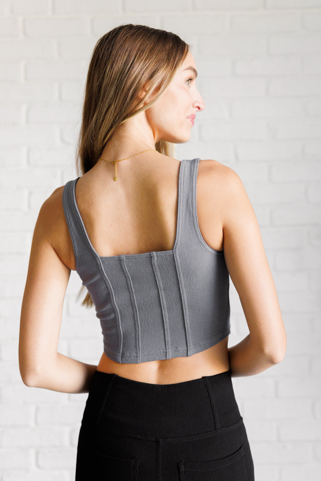 It's All About the Balance Twill Square Neck Crop Top in Titanium Ave Shops