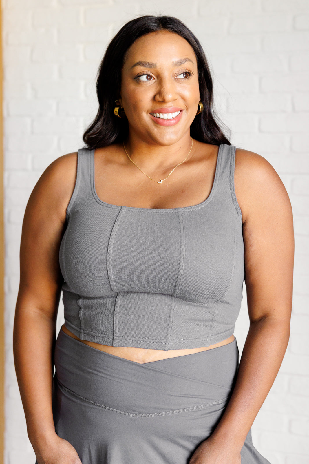 It's All About the Balance Twill Square Neck Crop Top in Titanium Ave Shops