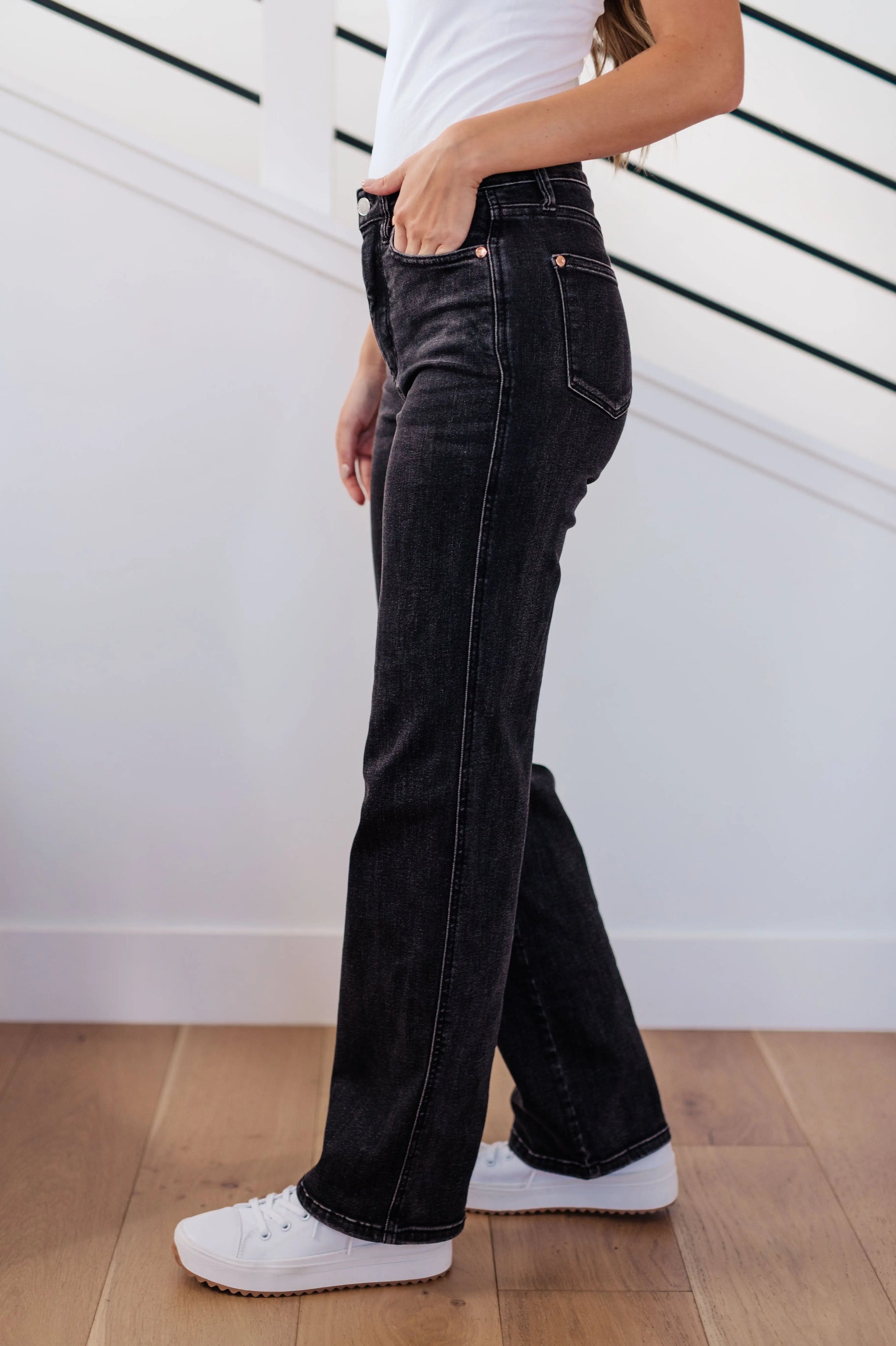 Joan High Rise Control Top Straight Jeans in Washed Black Ave Shops