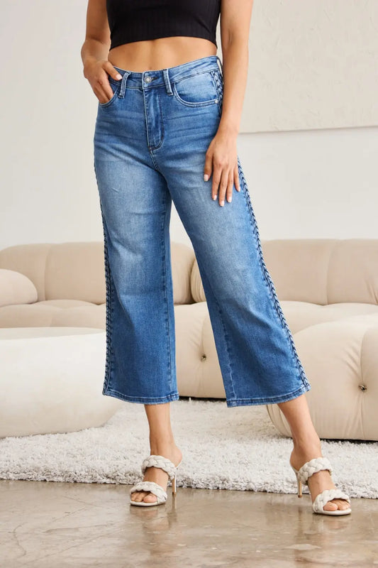 Judy Blue Full Size Braid Side Detail Wide Leg Jeans Trendsi