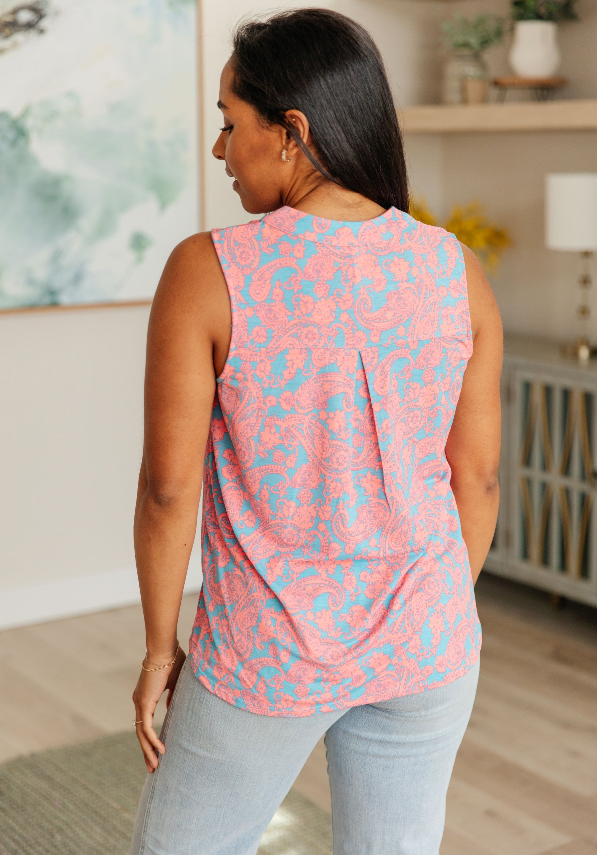 Lizzy Tank Top in Blue and Apricot Paisley Ave Shops