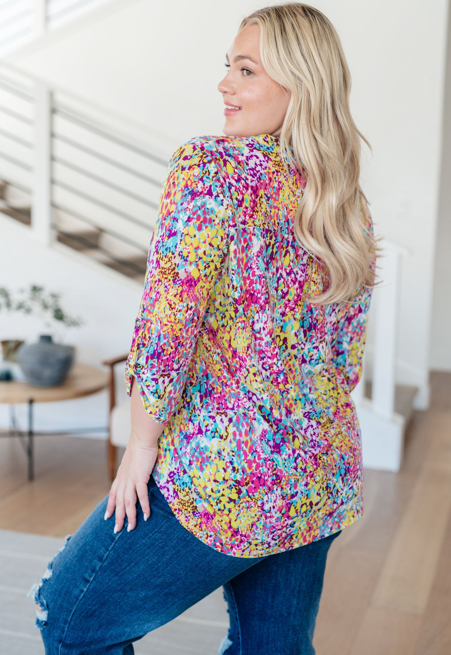 Lizzy Top in Magenta and Lime Painted Abstract Ave Shops