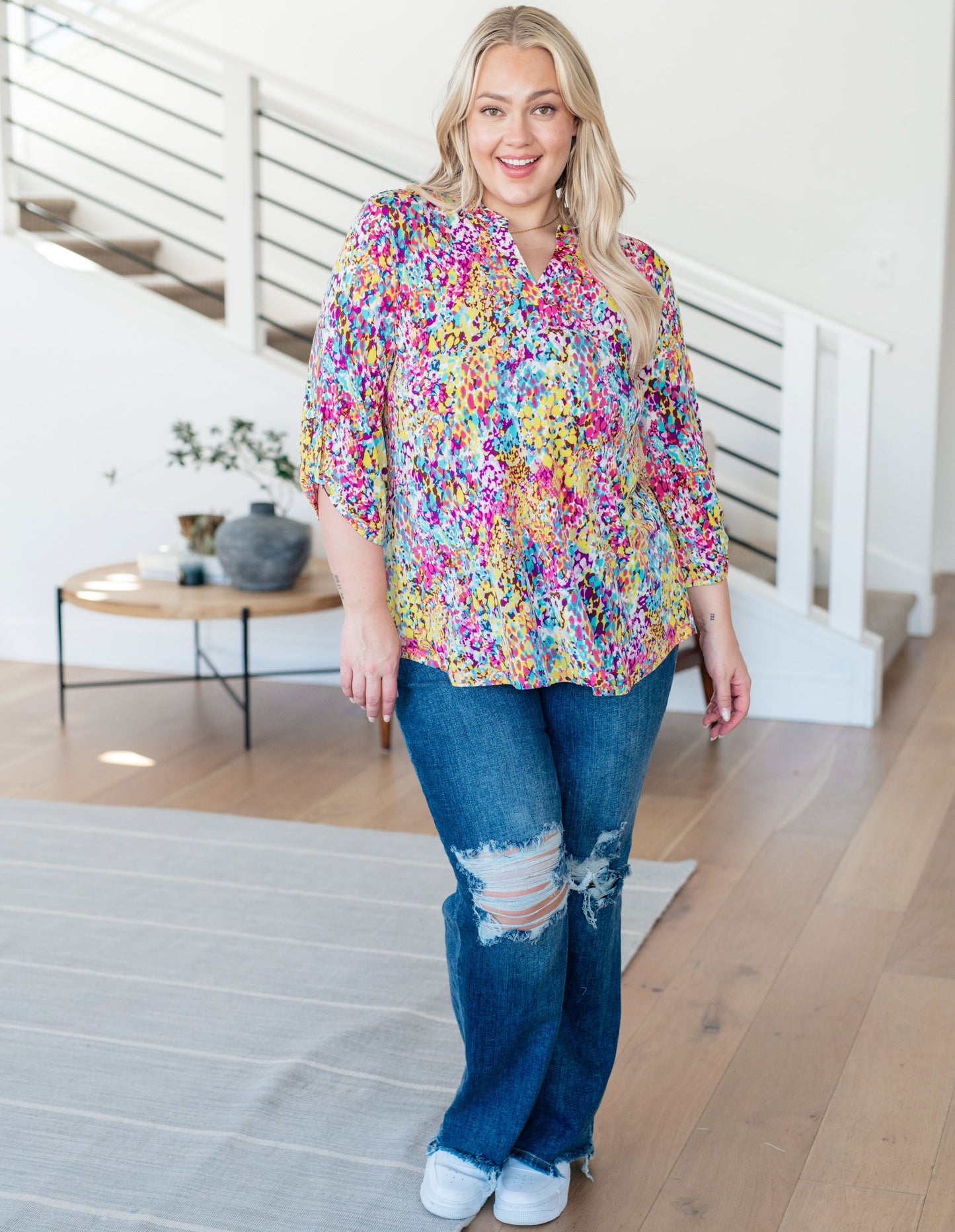 Lizzy Top in Magenta and Lime Painted Abstract Ave Shops