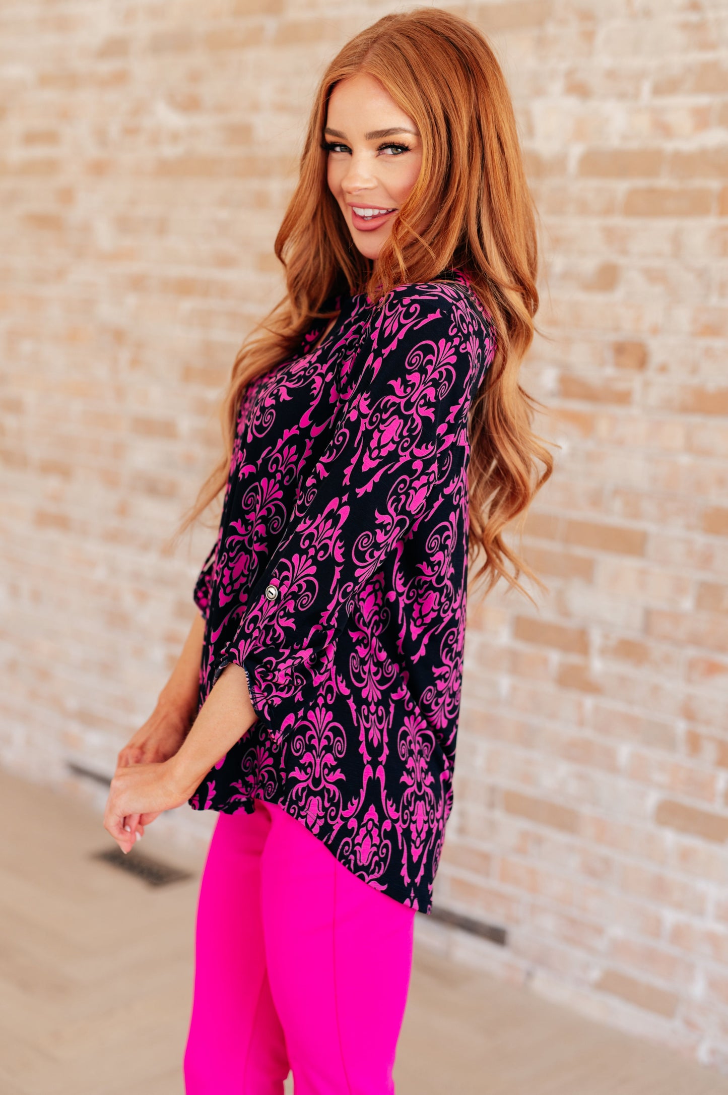 Lizzy Top in Navy and Hot Pink Damask Ave Shops