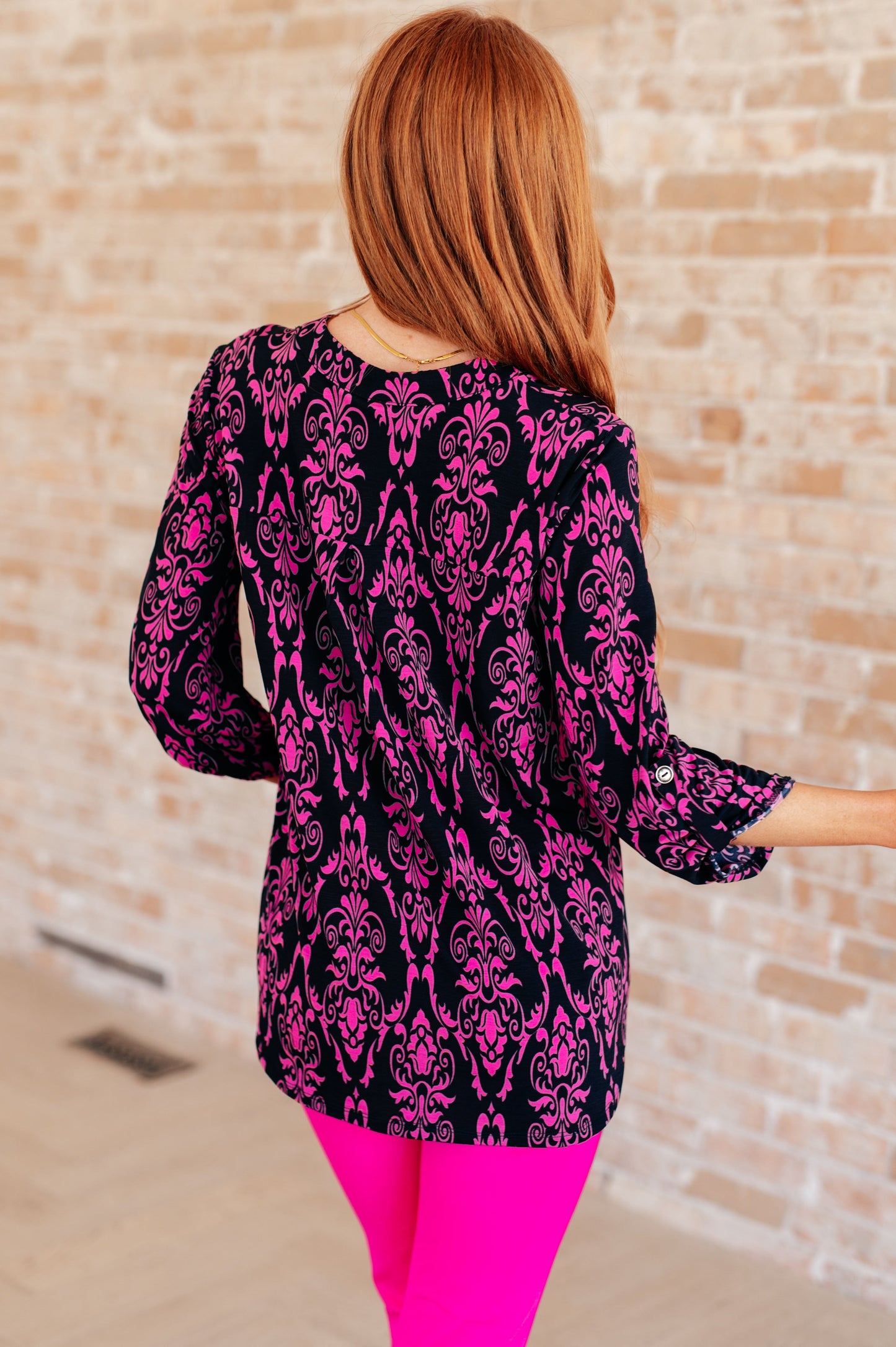 Lizzy Top in Navy and Hot Pink Damask Ave Shops
