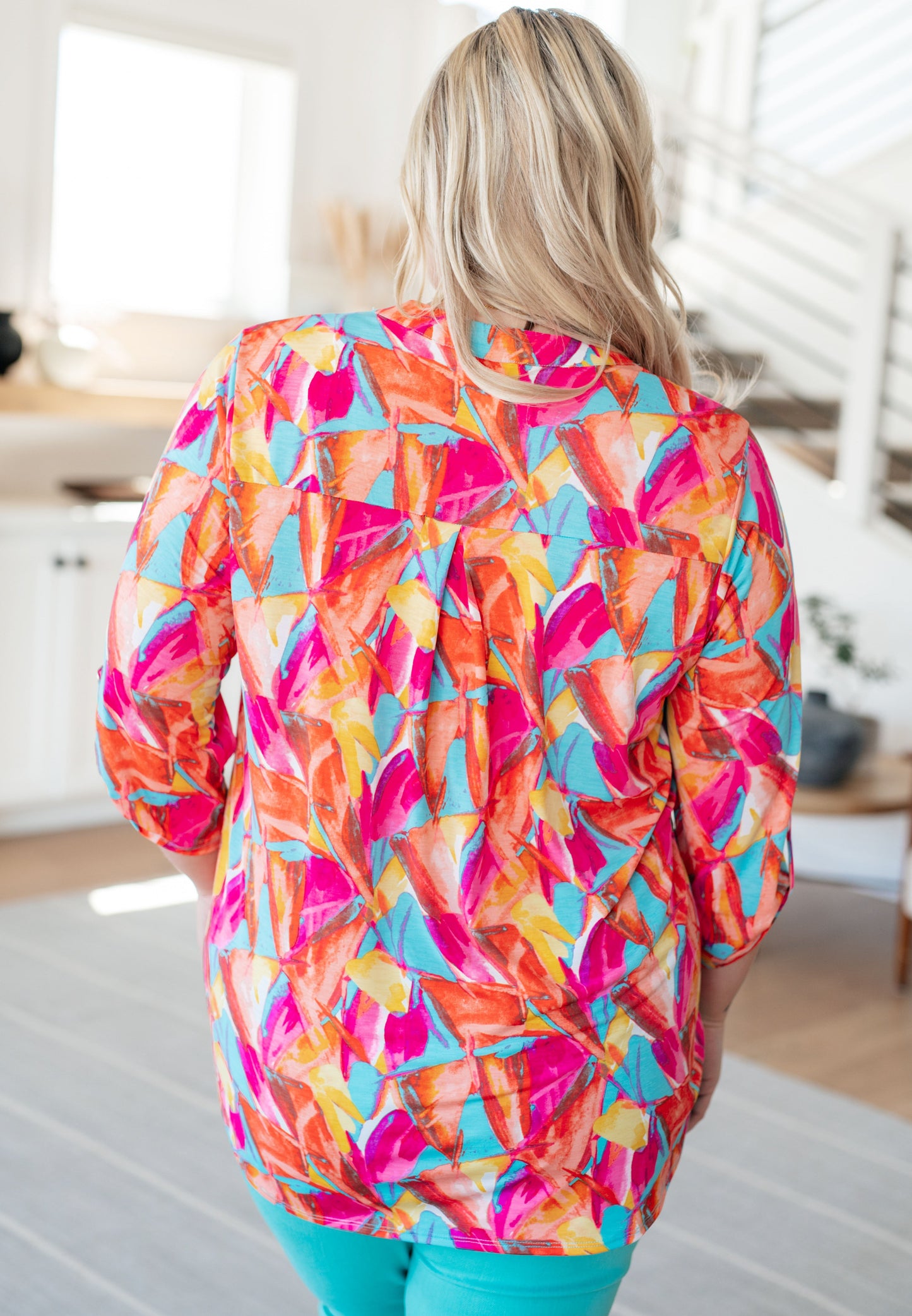 Lizzy Top in Teal and Hot Pink Abstract Fans Ave Shops