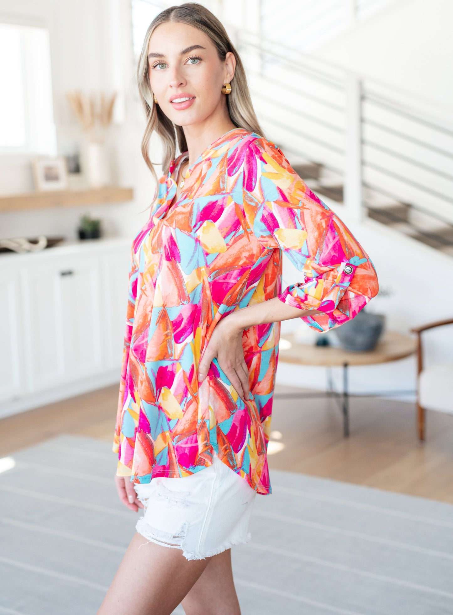 Lizzy Top in Teal and Hot Pink Abstract Fans Ave Shops