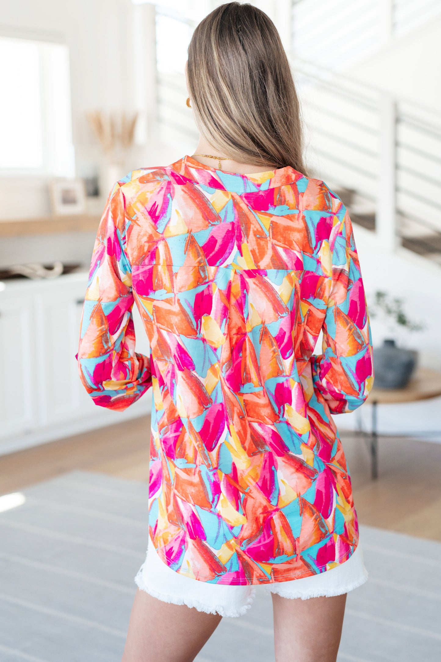 Lizzy Top in Teal and Hot Pink Abstract Fans Ave Shops
