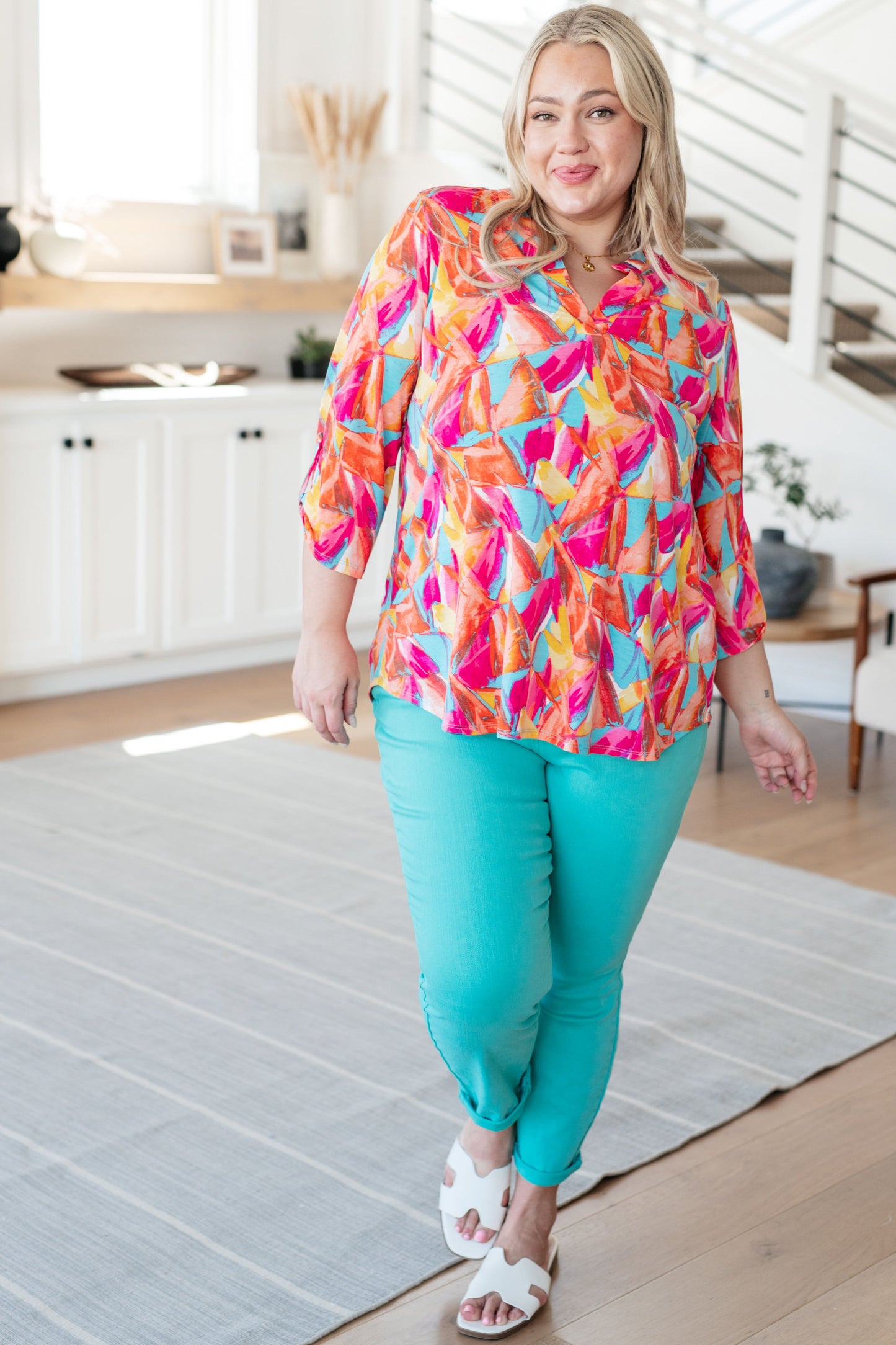 Lizzy Top in Teal and Hot Pink Abstract Fans Ave Shops