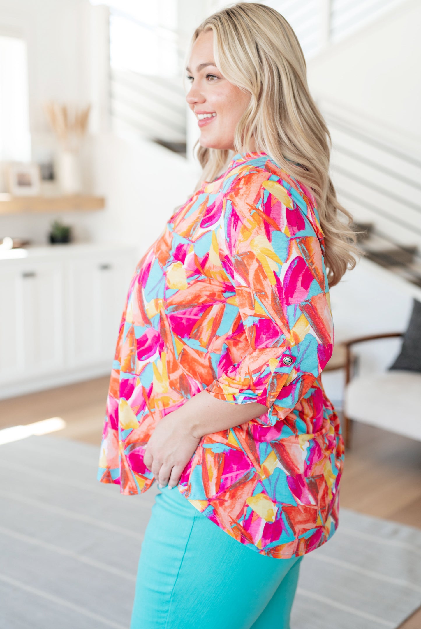 Lizzy Top in Teal and Hot Pink Abstract Fans Ave Shops