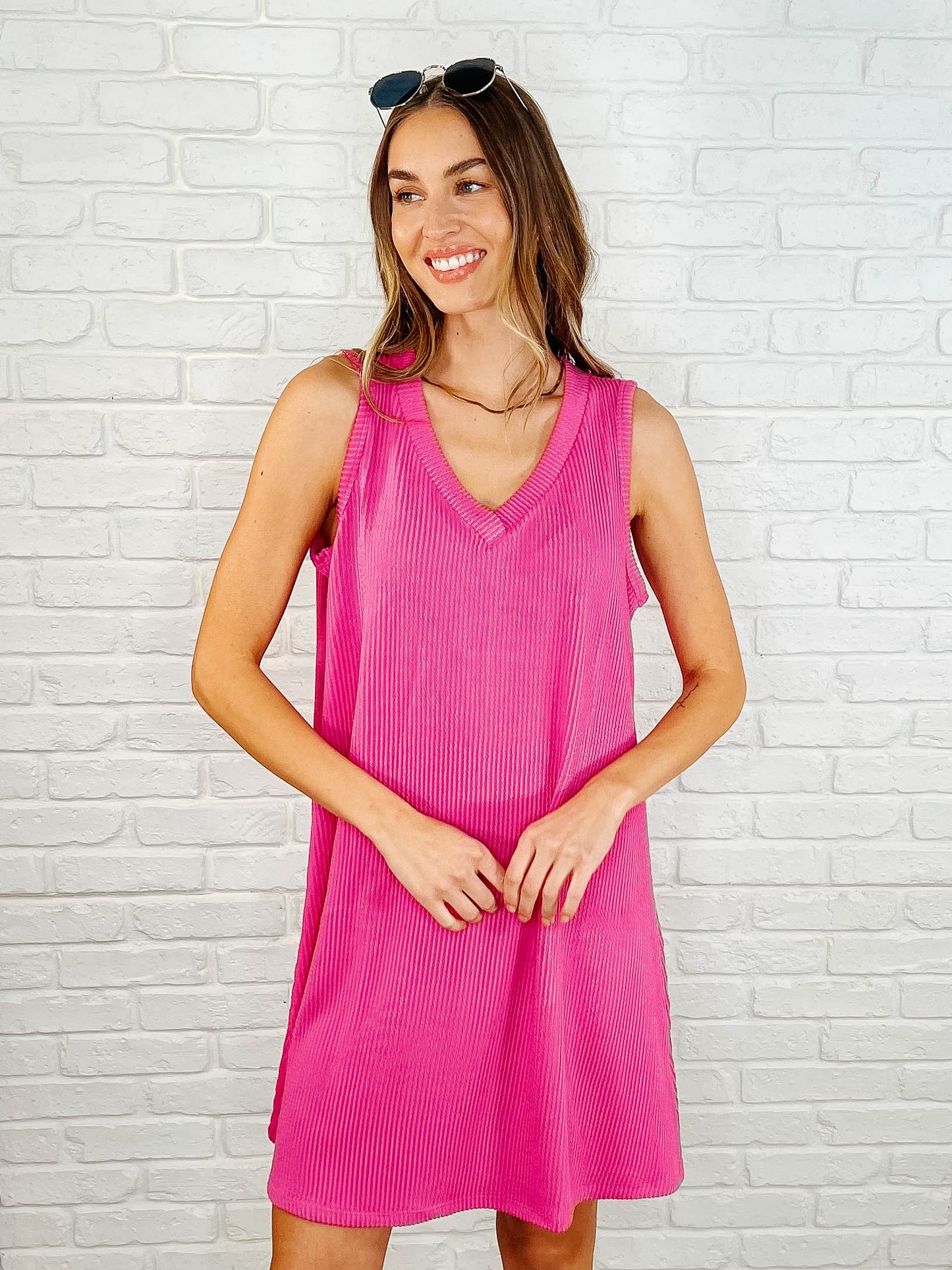 The Power I Hold V-Neck Ribbed Knit Dress in Fuchsia Ave Shops